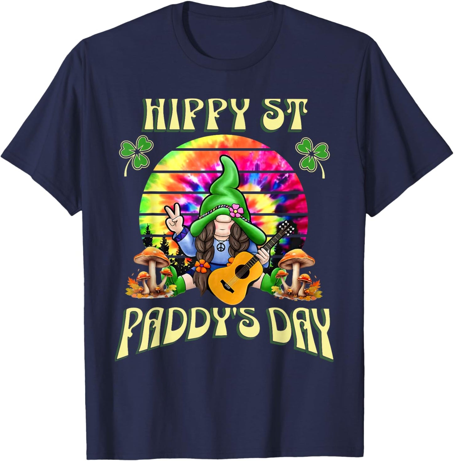 Hippy St Paddy's Day Tie Dye Gnome Guitar St Patrick Hippie T-Shirt - T-Shirt | Navy