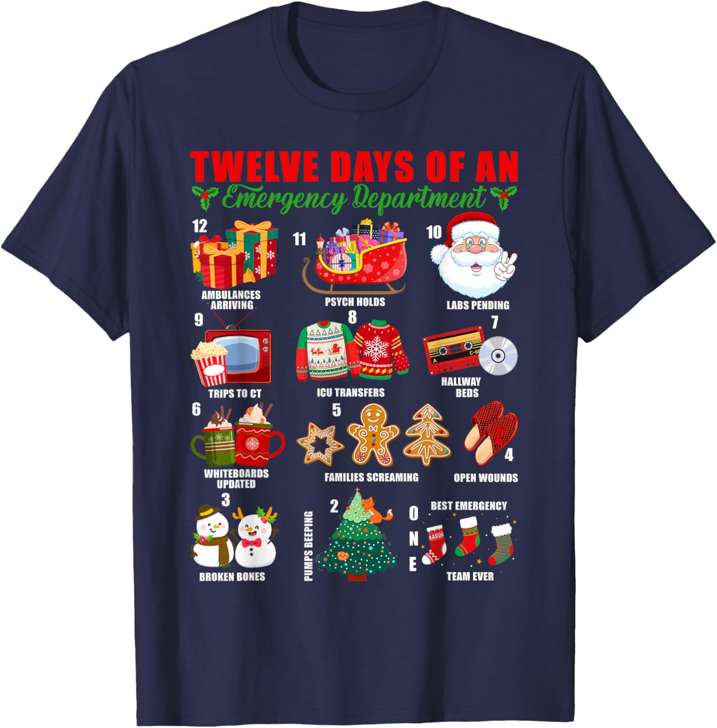 Twelve Days of an Emergency Department ED Nurse Christmas T-Shirt - T-Shirt | Navy
