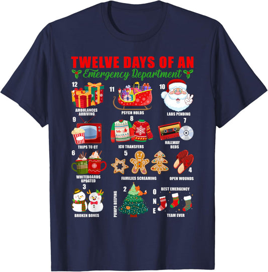 Twelve Days of an Emergency Department ED Nurse Christmas T-Shirt - T-Shirt | Navy