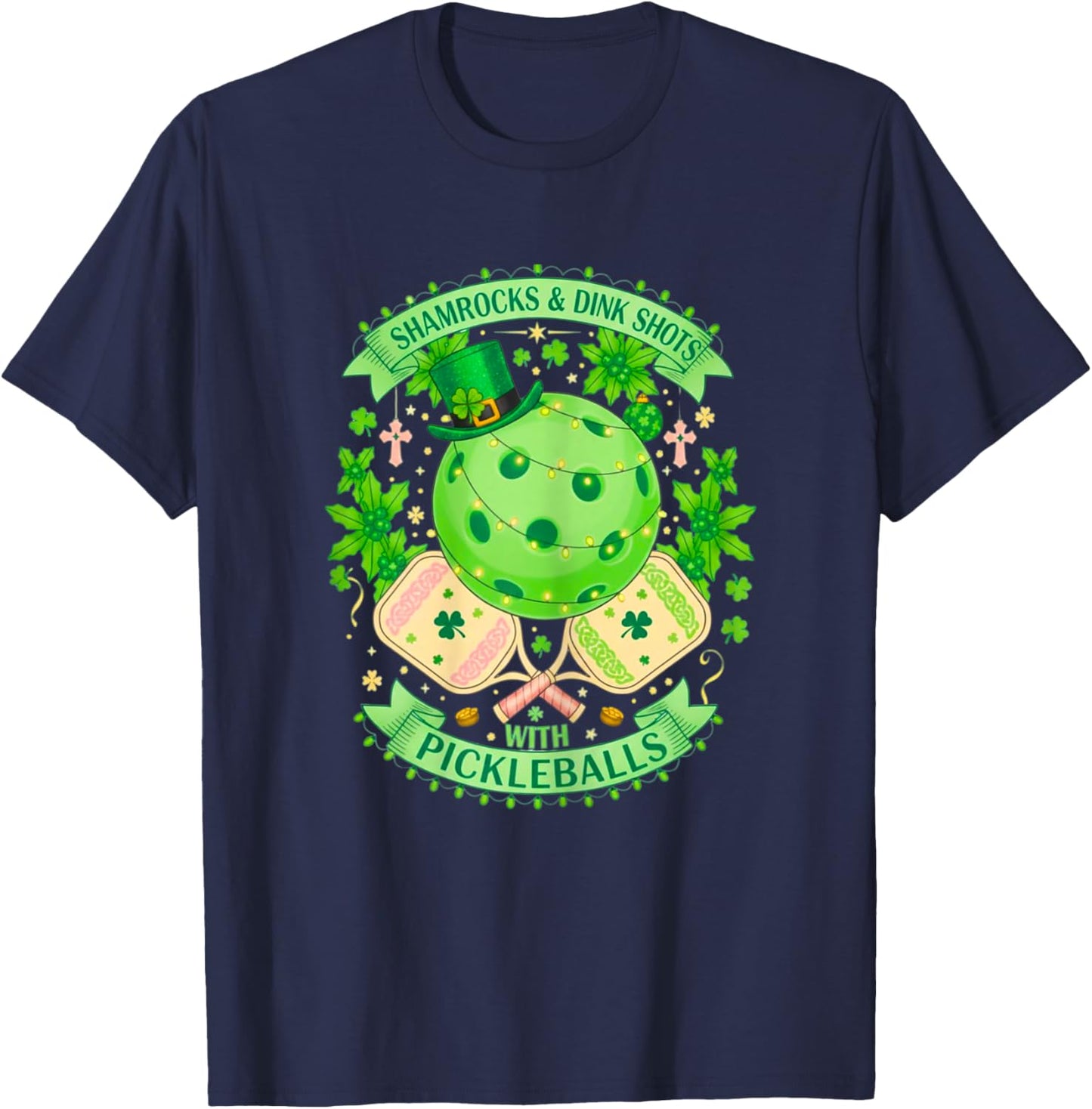 Shamrocks and Dink Shots Saint Patricks Day Pickleball Holid T-Shirt - T-Shirt | Navy