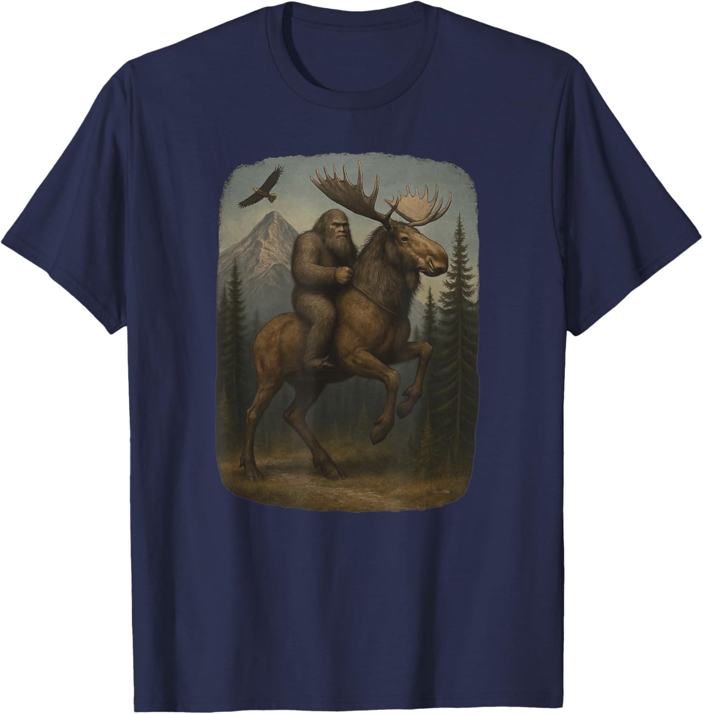 Bigfoot or Sasquatch Riding a Moose T-Shirt - T-Shirt | Navy