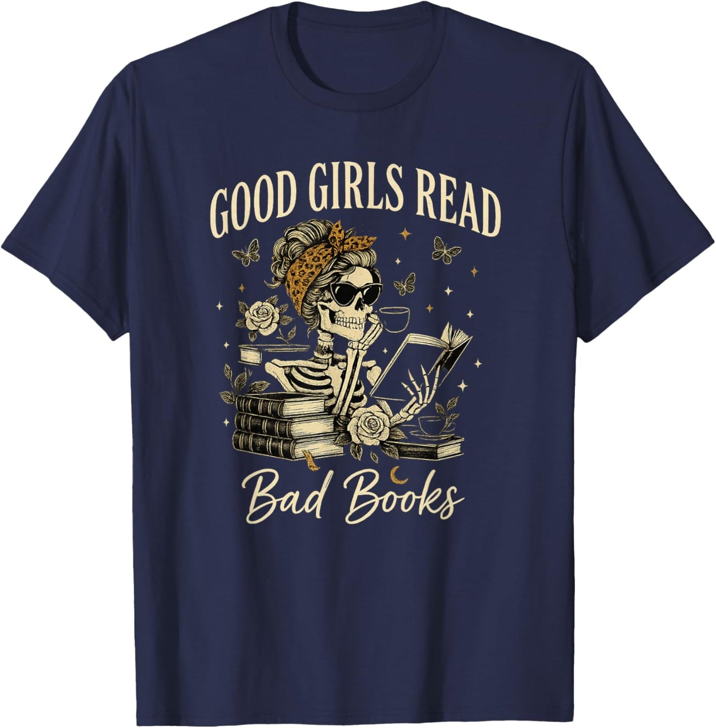 Good Girls Read Bad Books Vintage Skeleton Reader T-Shirt - T-Shirt | Navy
