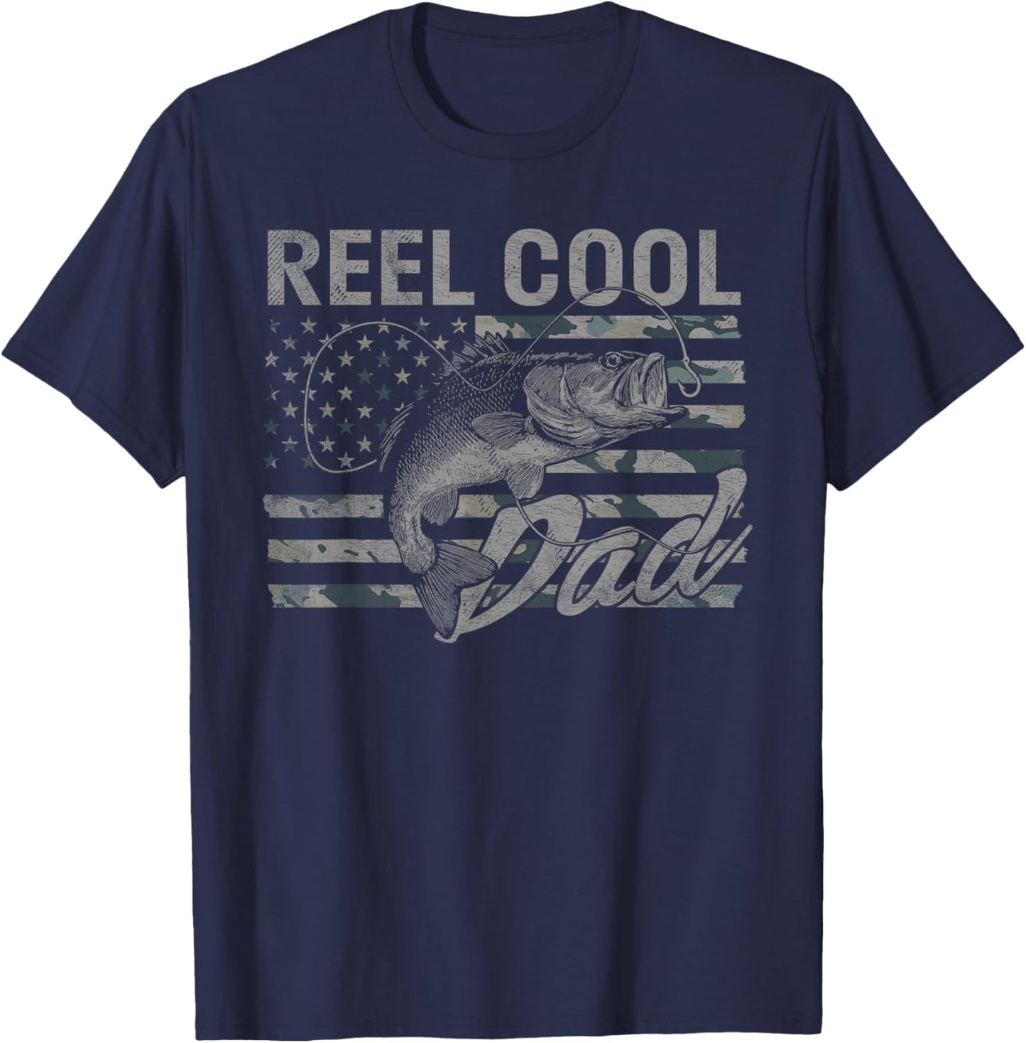Reel Cool Dad Camo American Flag Bass Fishing T-Shirt - T-Shirt | Navy
