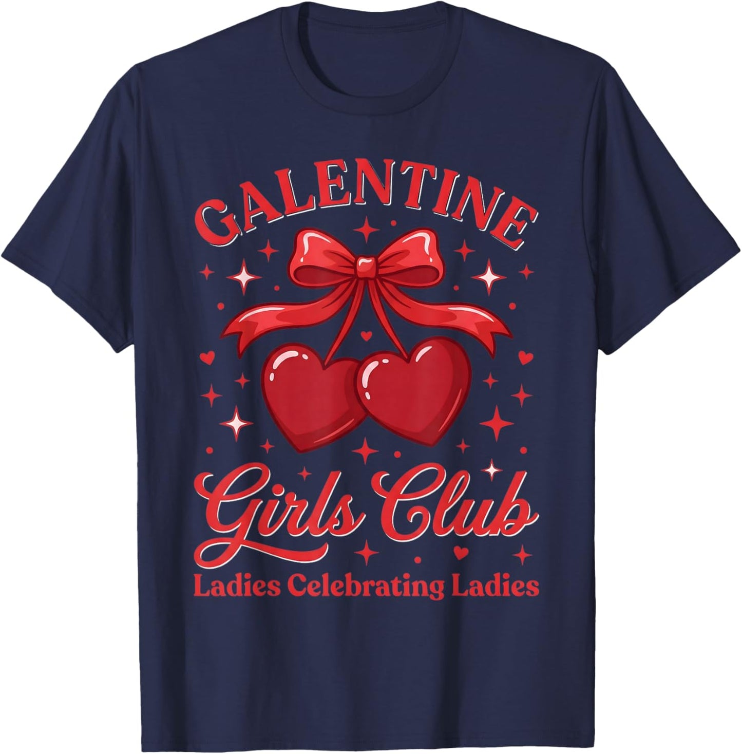 Galentine Girls Club Red Cherry Heart Bow Coquette T-Shirt - T-Shirt | Navy