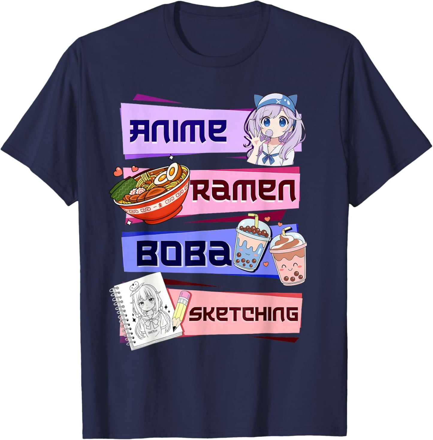 Anime Girl Ramen Boba Tea Bubble Tea Sketching Japanese T-Shirt - T-Shirt | Navy