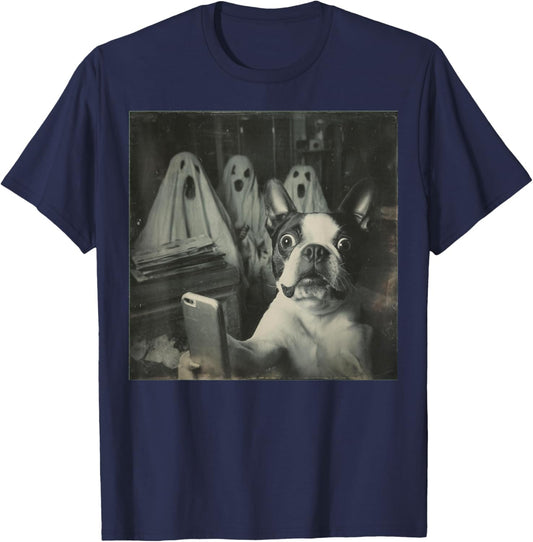 Funny Boston Terrier Selfie with Ghosts, Halloween Dog Lover T-Shirt - T-Shirt | Navy
