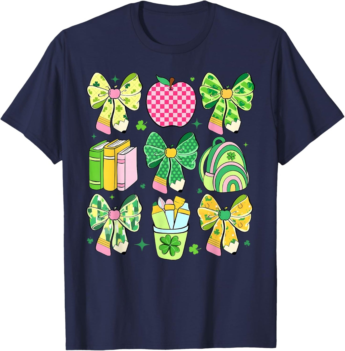 Lucky Teacher St Patrick's Day Coquette Bow Book Apple T-Shirt - T-Shirt | Navy