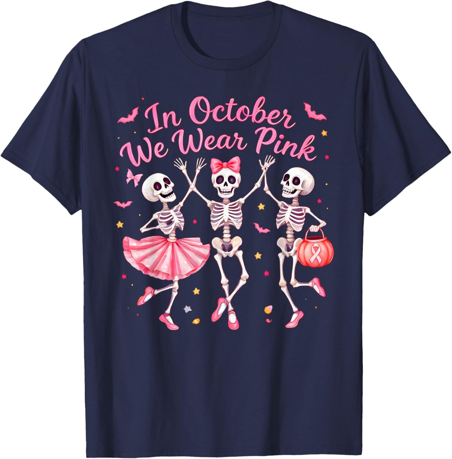 in October We Wear Pink Dancing Skeleton Breast Cancer T-Shirt - T-Shirt | Navy