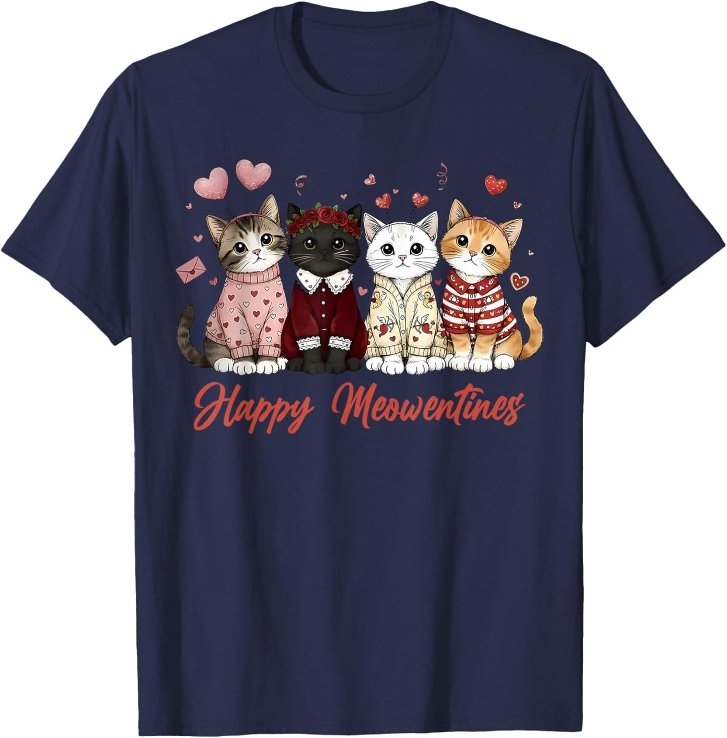 Valentine Cat Happy Meowentines Heart Valentines Cat Lover T-Shirt - T-Shirt | Navy