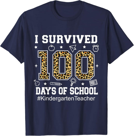 I Survived 100 Days of School Leopard Kindergarten Teacher T-Shirt - T-Shirt | Navy