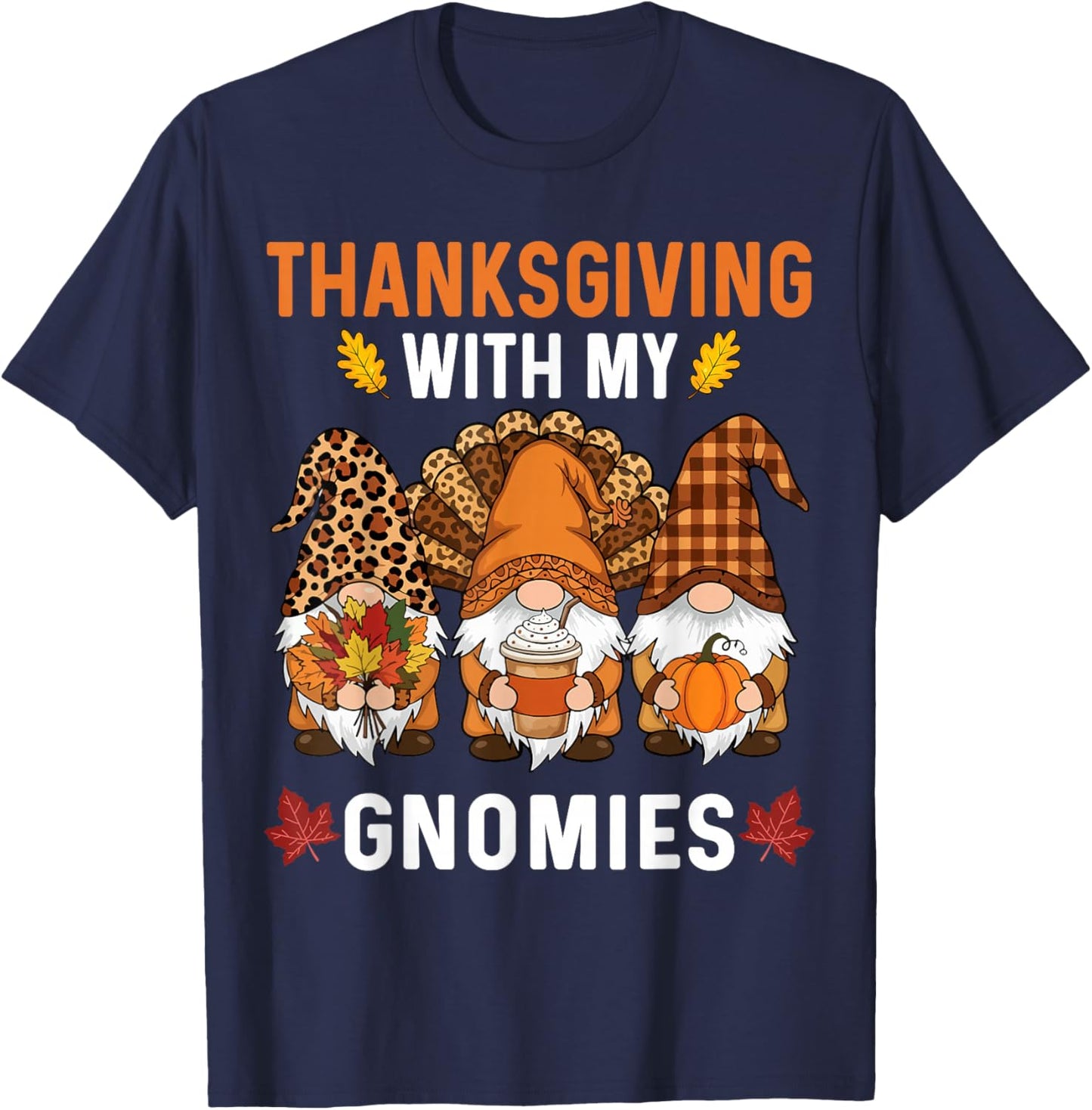Thanksgiving Women Gnome Fall Leopard Turkey Men Girls Boys T-Shirt - T-Shirt | Navy