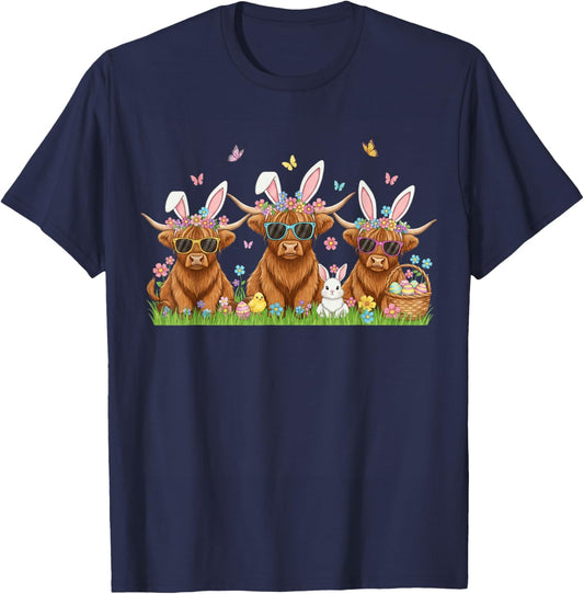 Western Easter Highland Cow Cute Bunny Cow Eggs Farmer Girls T-Shirt - T-Shirt | Navy