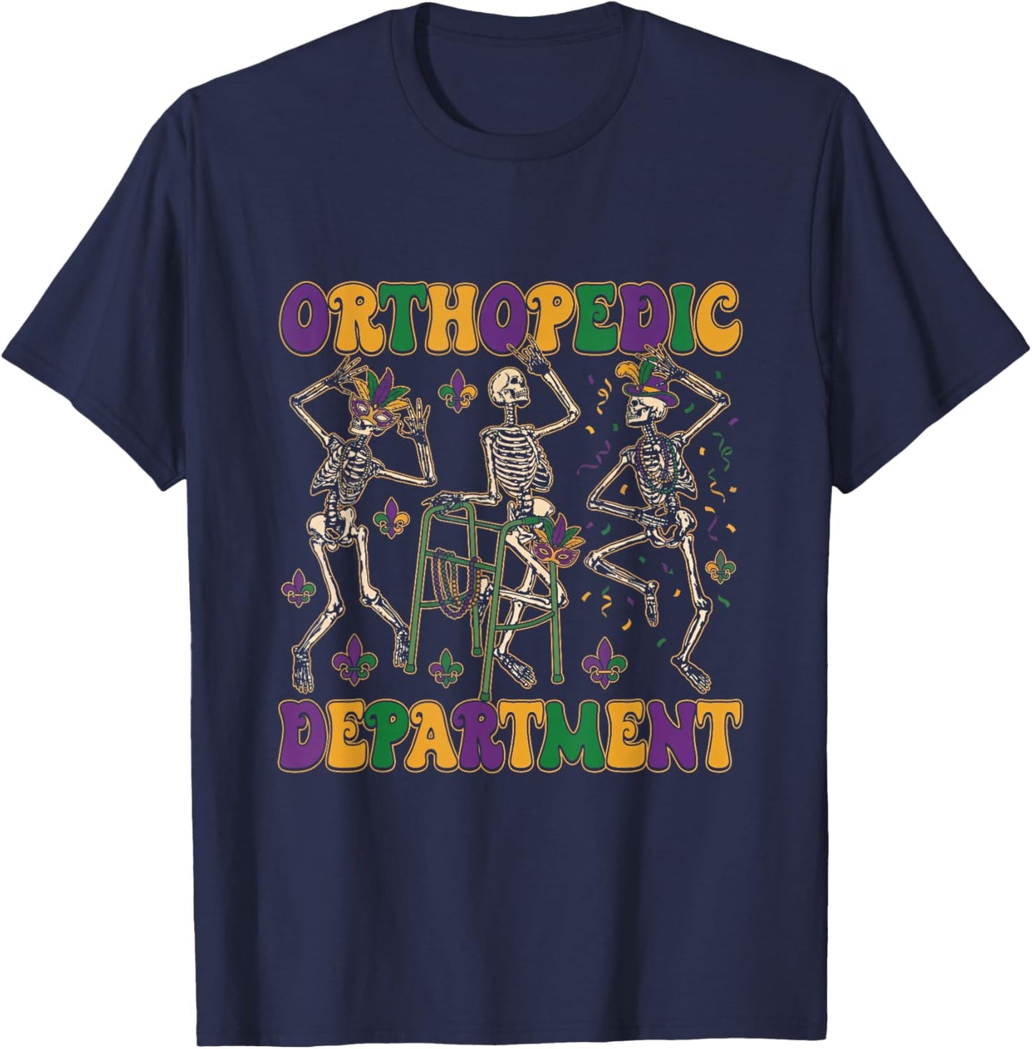 Orthopedic Department Mardi Gras Nurse Skeleton Ortho Crew T-Shirt - T-Shirt | Navy