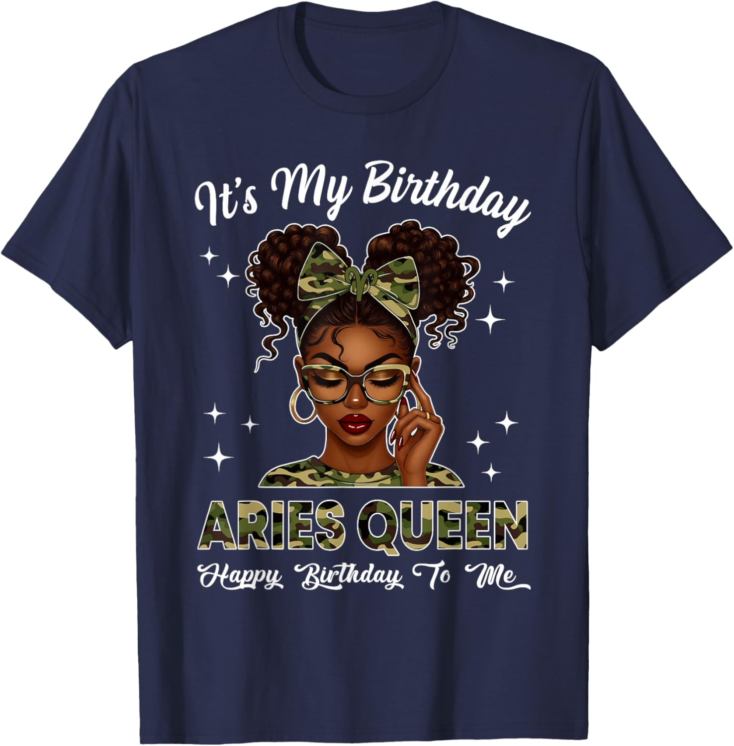 It's My Birthday Aries Queen Camo Bow Afro Black Girl T-Shirt - T-Shirt | Navy