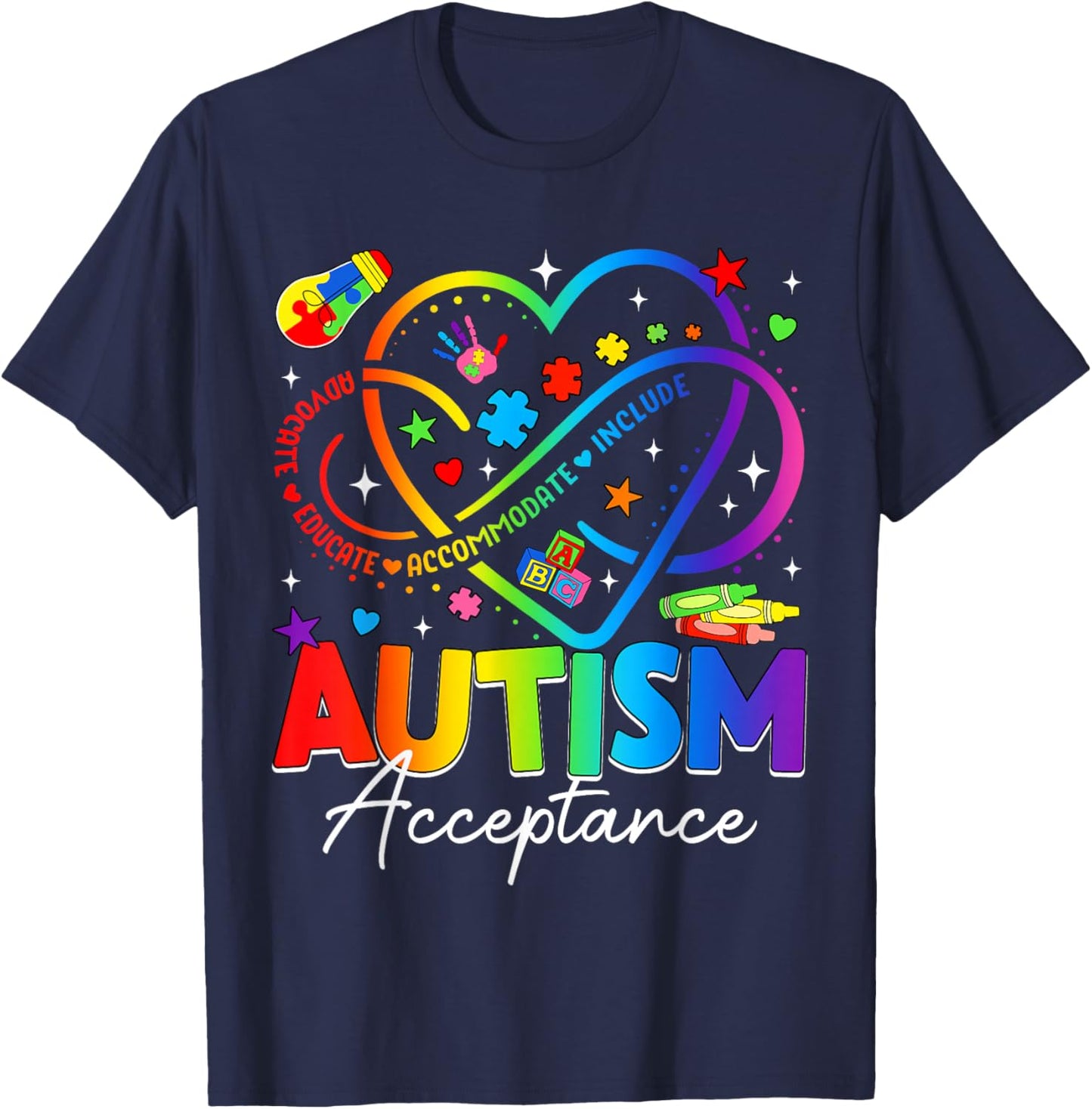 Autism Awareness Acceptance Heart Infinity Symbol Men Women T-Shirt - T-Shirt | Navy