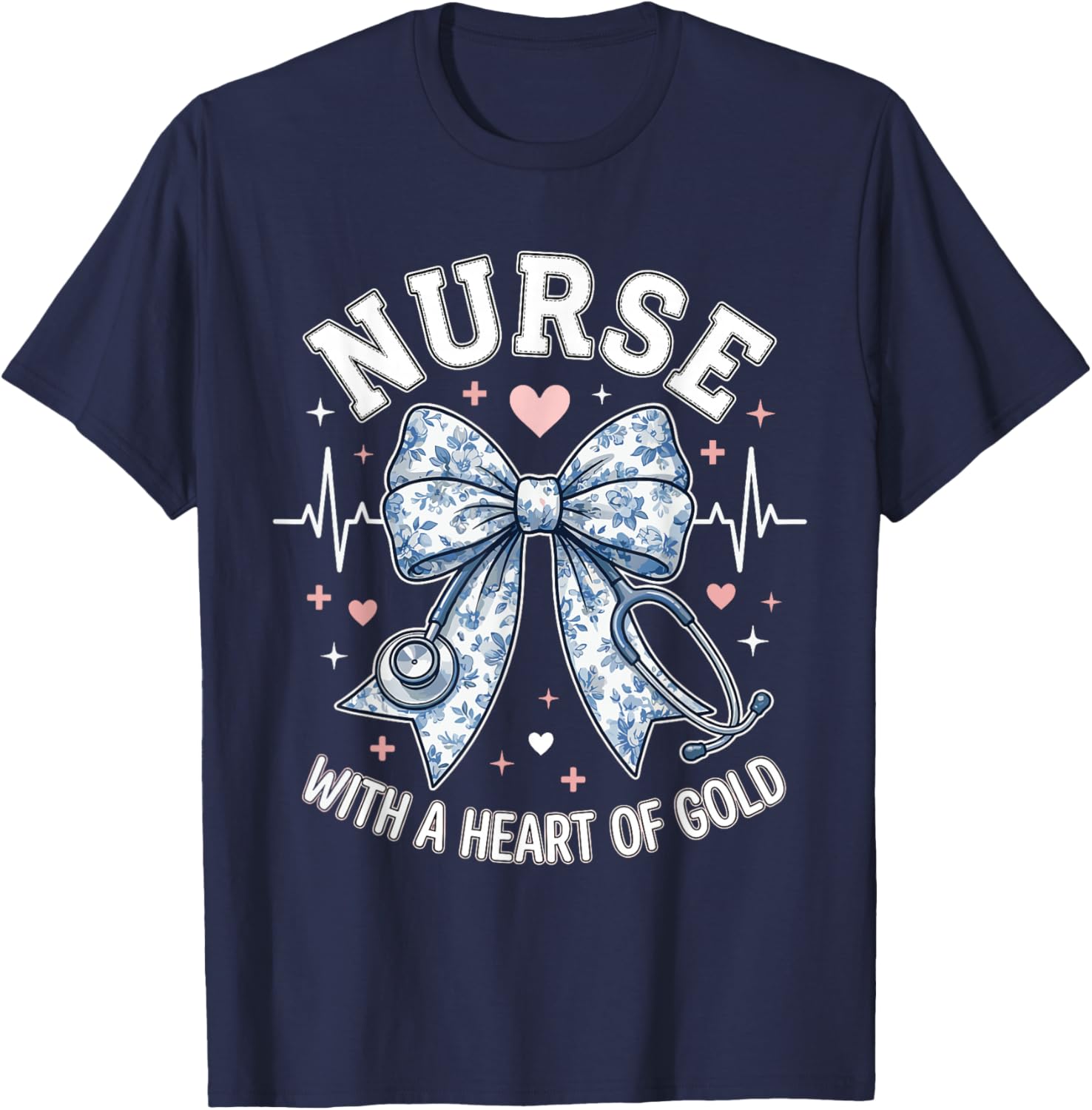 Cute Nurse Bow with A Heart of Gold Nursing Student RN | CNA T-Shirt - T-Shirt | Navy