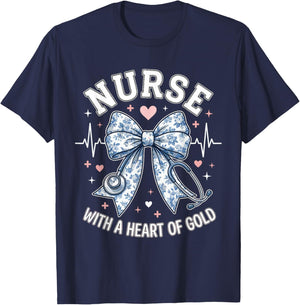 Cute Nurse Bow with A Heart of Gold Nursing Student RN | CNA T-Shirt - T-Shirt | Navy
