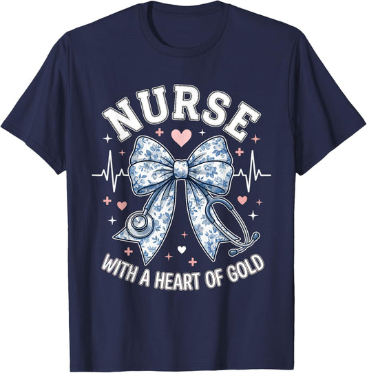 Cute Nurse Bow with A Heart of Gold Nursing Student RN | CNA T-Shirt - T-Shirt | Navy