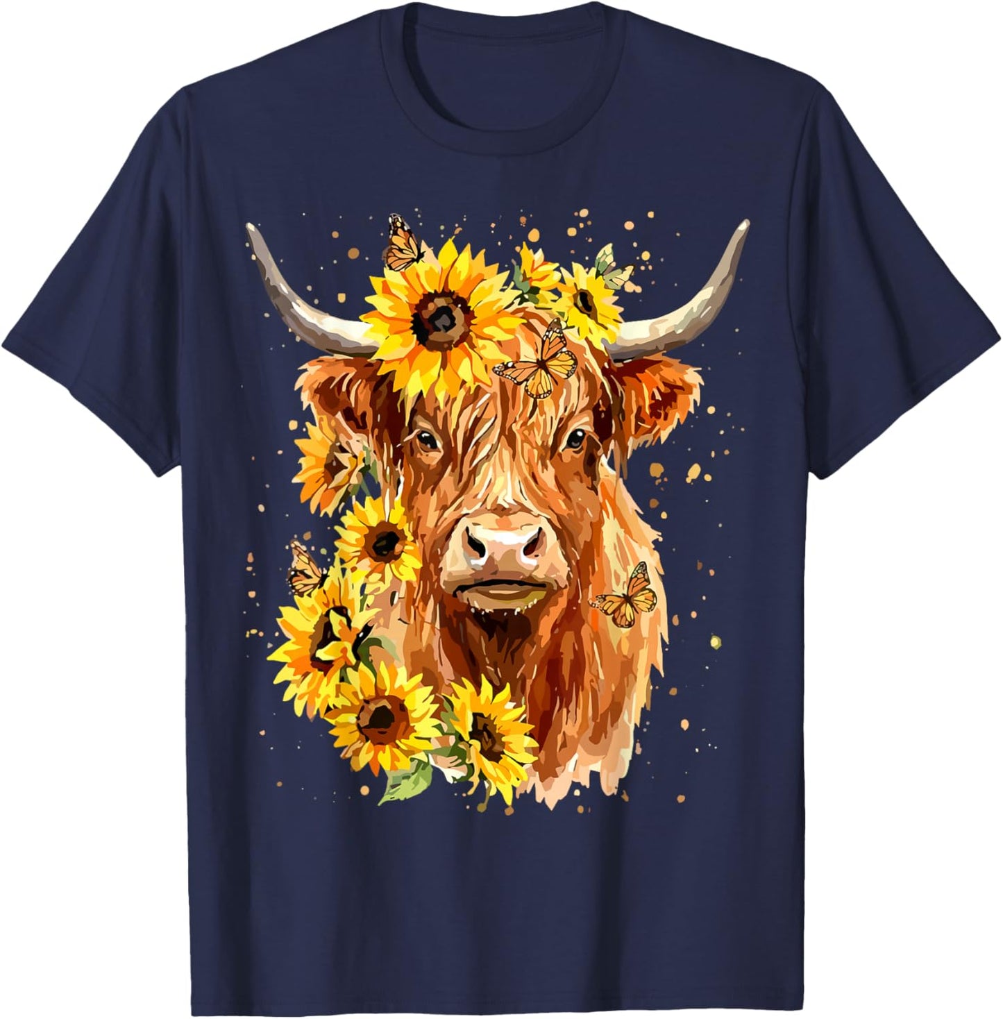Highland Cow Sunflower Floral Farm Animal T-Shirt - T-Shirt | Navy