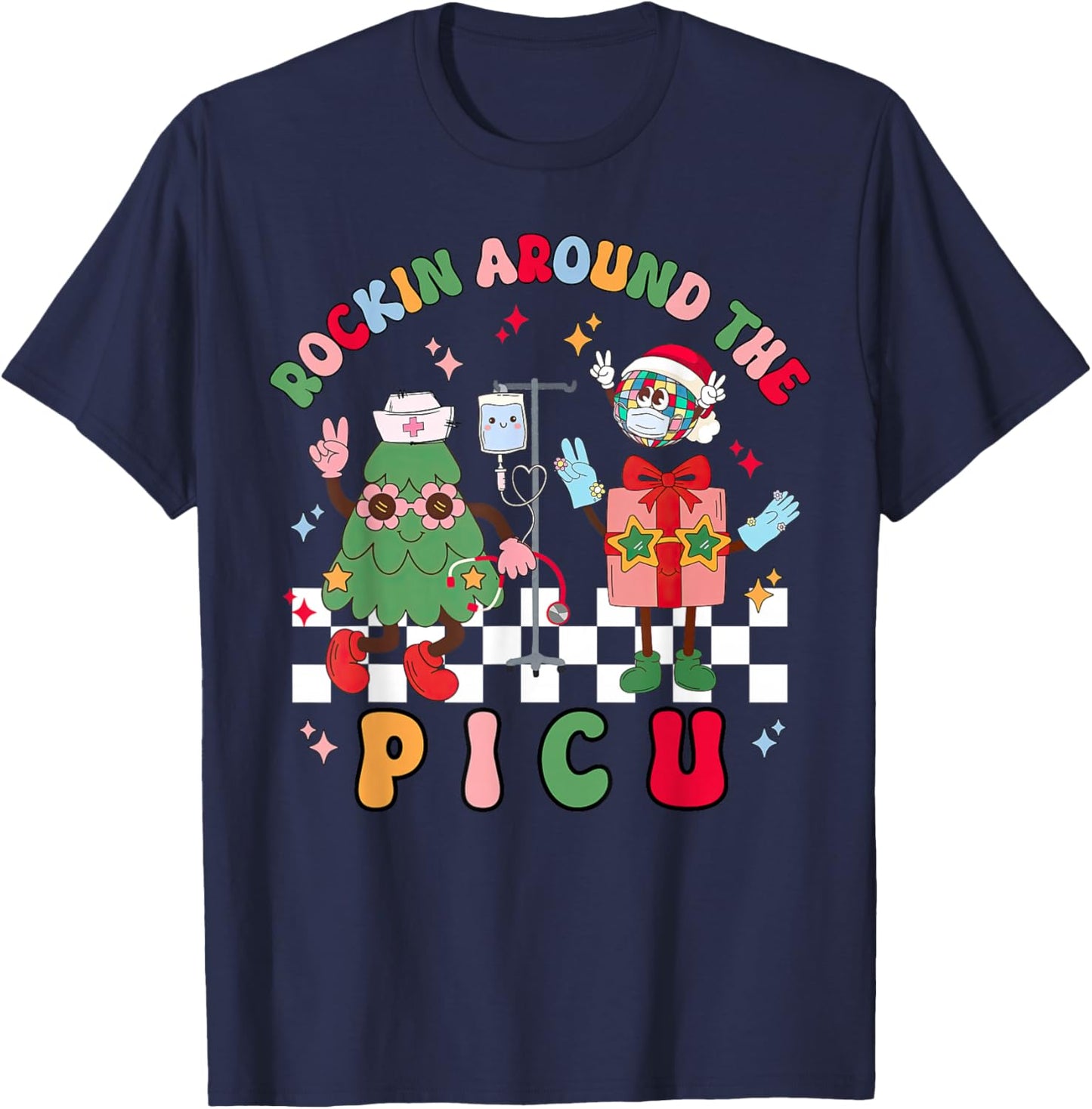 Rockin Around The PICU Nurse Christmas Pediatric ICU Nurse T-Shirt - T-Shirt | Navy