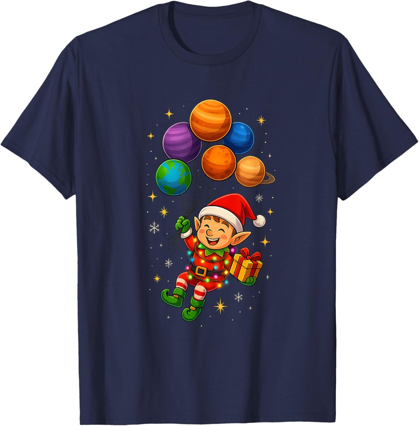 Funny Elf Astronaut with Planets Christmas Pjs for Spaceman T-Shirt - T-Shirt | Navy