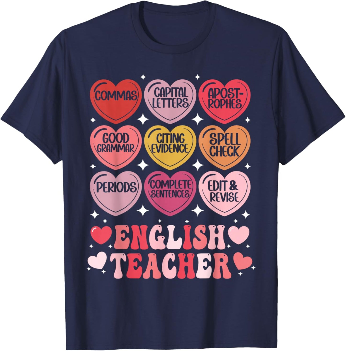 English Teacher Valentine's Day Grammar ELA Teacher Hearts T-Shirt - T-Shirt | Navy