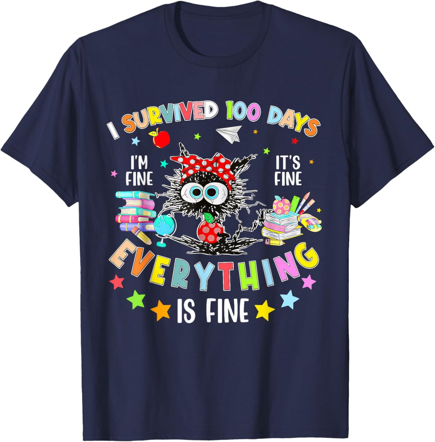I Survived 100 Days of School Teacher Kids Funny Cat Lover T-Shirt - T-Shirt | Navy