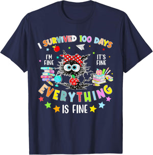 I Survived 100 Days of School Teacher Kids Funny Cat Lover T-Shirt - T-Shirt | Navy