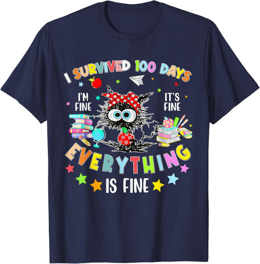 I Survived 100 Days of School Teacher Kids Funny Cat Lover T-Shirt - T-Shirt | Navy
