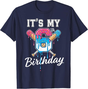 Baseball 6 Year Old Ice Cream Drip 6th Birthday Boy Number 6 T-Shirt - T-Shirt | Navy