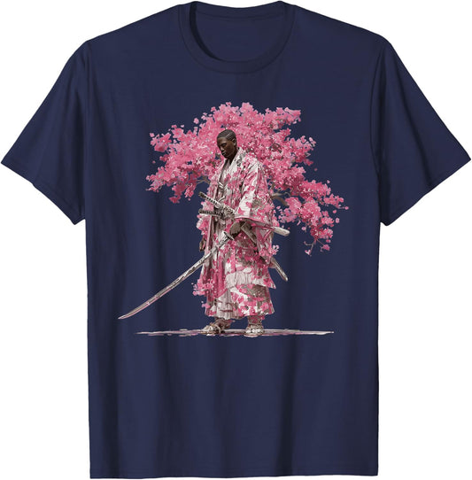 African Cherry Blossom Samurai King with Pink Kimono T-Shirt - T-Shirt | Navy