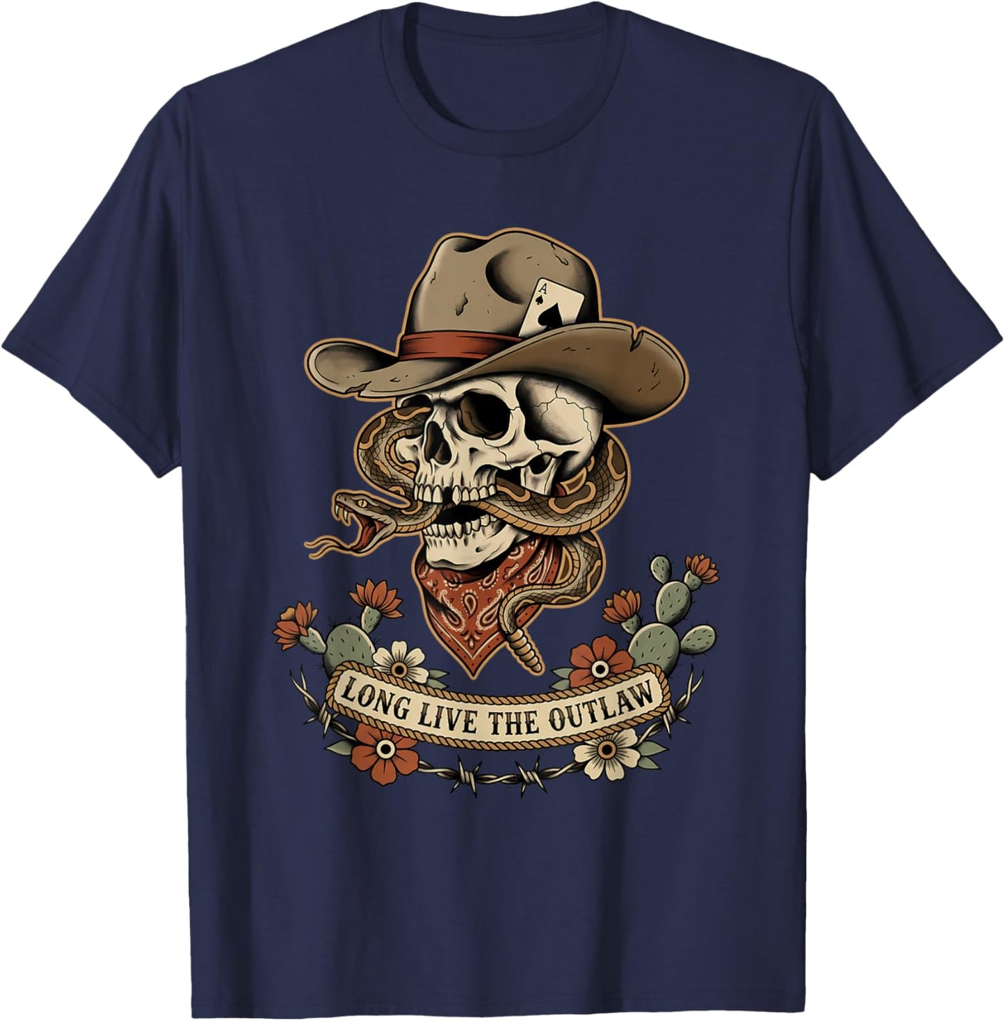 Western Gothic Cowboy Skull Outlaw Tattoo T-Shirt - T-Shirt | Navy