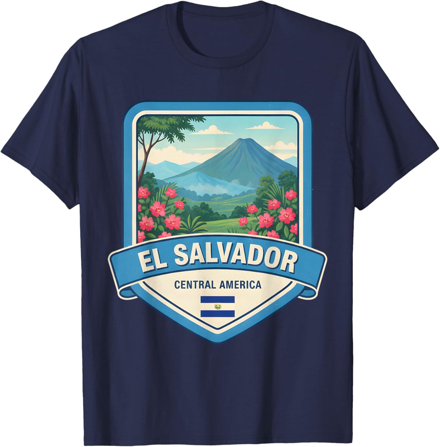 El Salvador Volcano Tropical Flowers Flag T-Shirt - T-Shirt | Navy