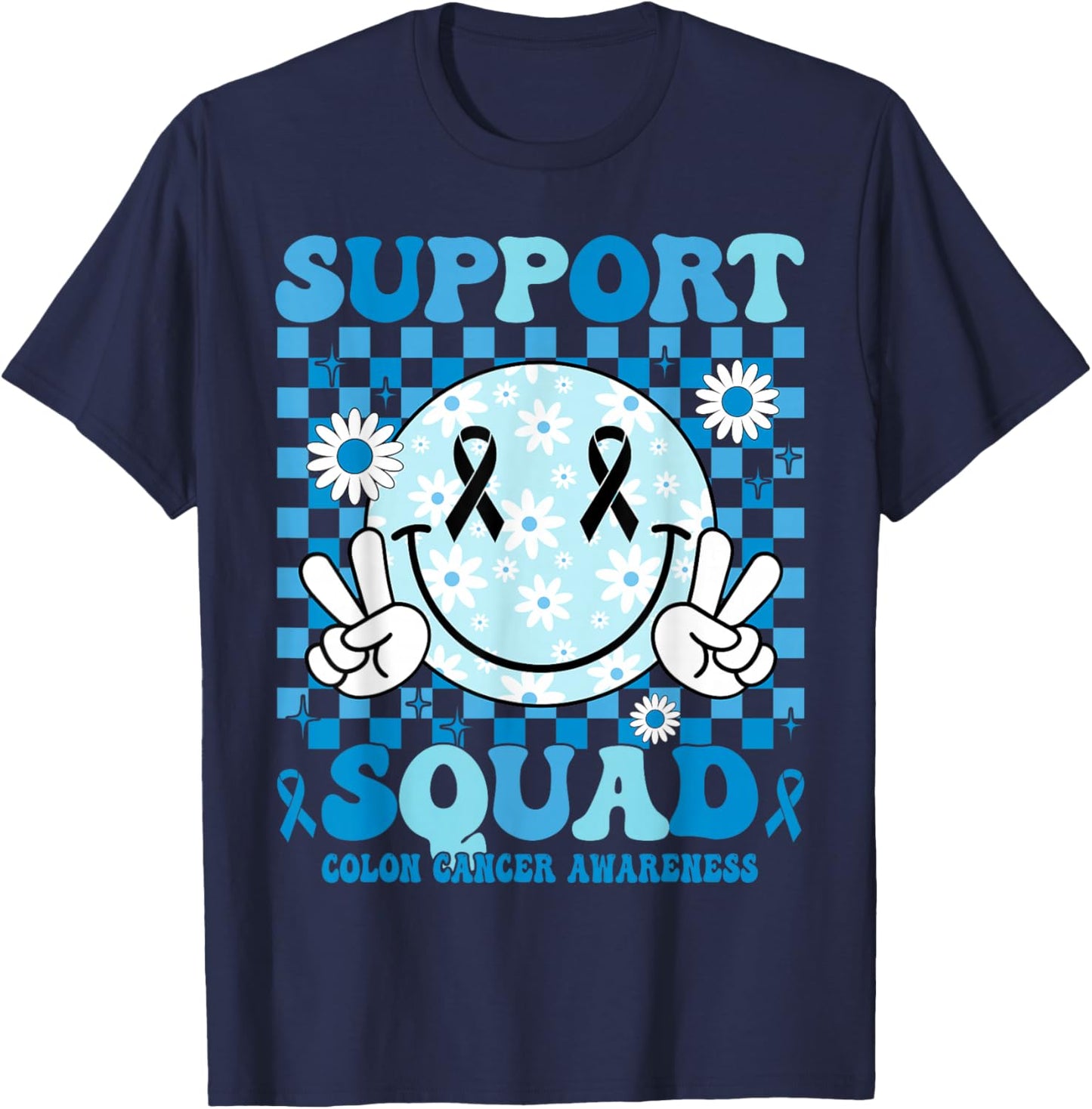 Support Squad Blue Ribbon Smile Face Colon Cancer Awareness T-Shirt - T-Shirt | Navy