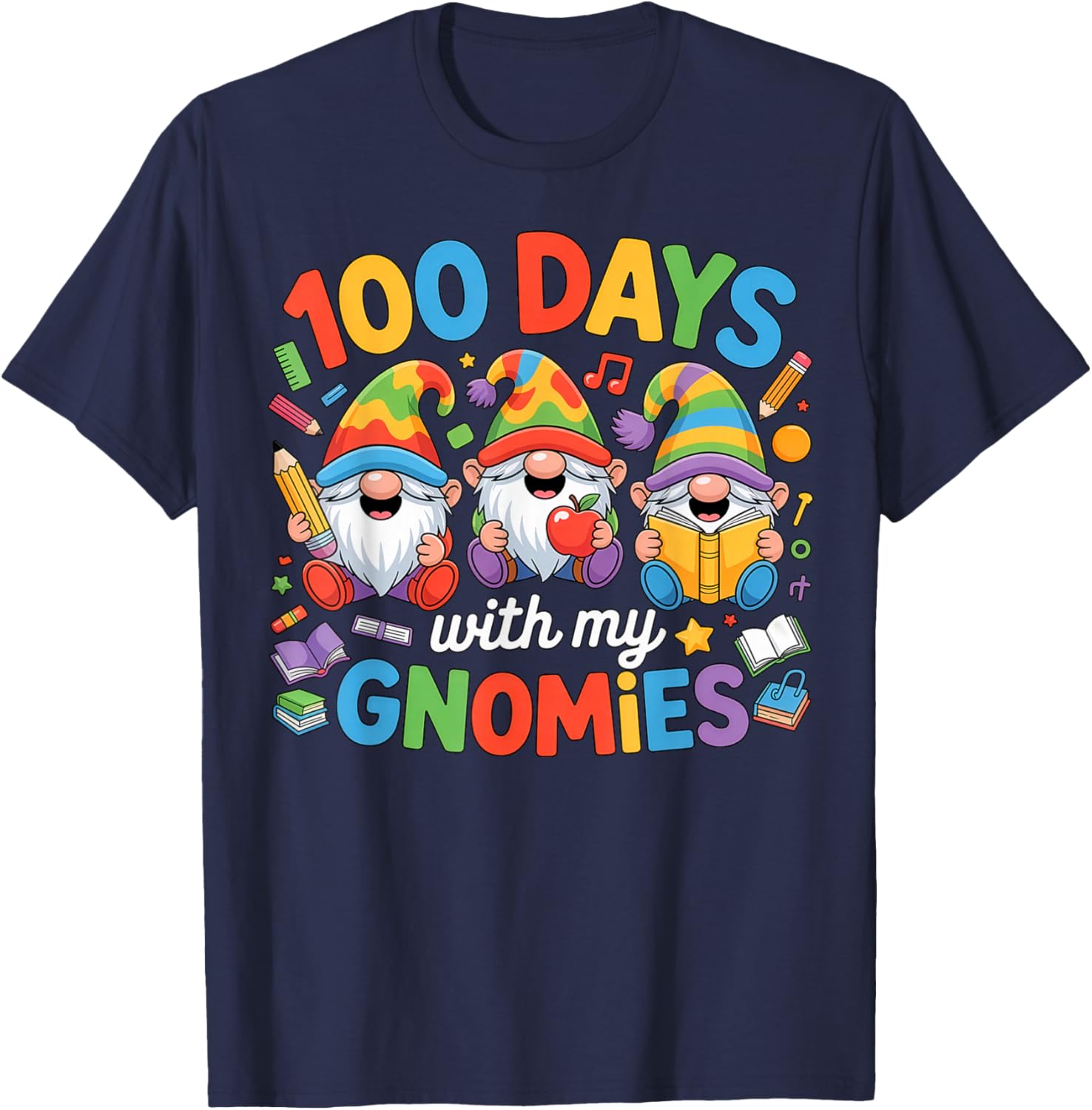 Teacher Kids Gnome 100 Days of School T-Shirt - T-Shirt | Navy