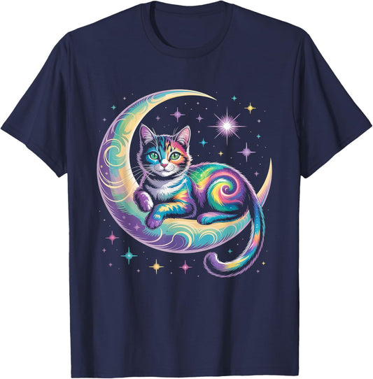 Mystical Space Cosmic Cat - Galaxy Kitten Graphic T-Shirt - T-Shirt | Navy