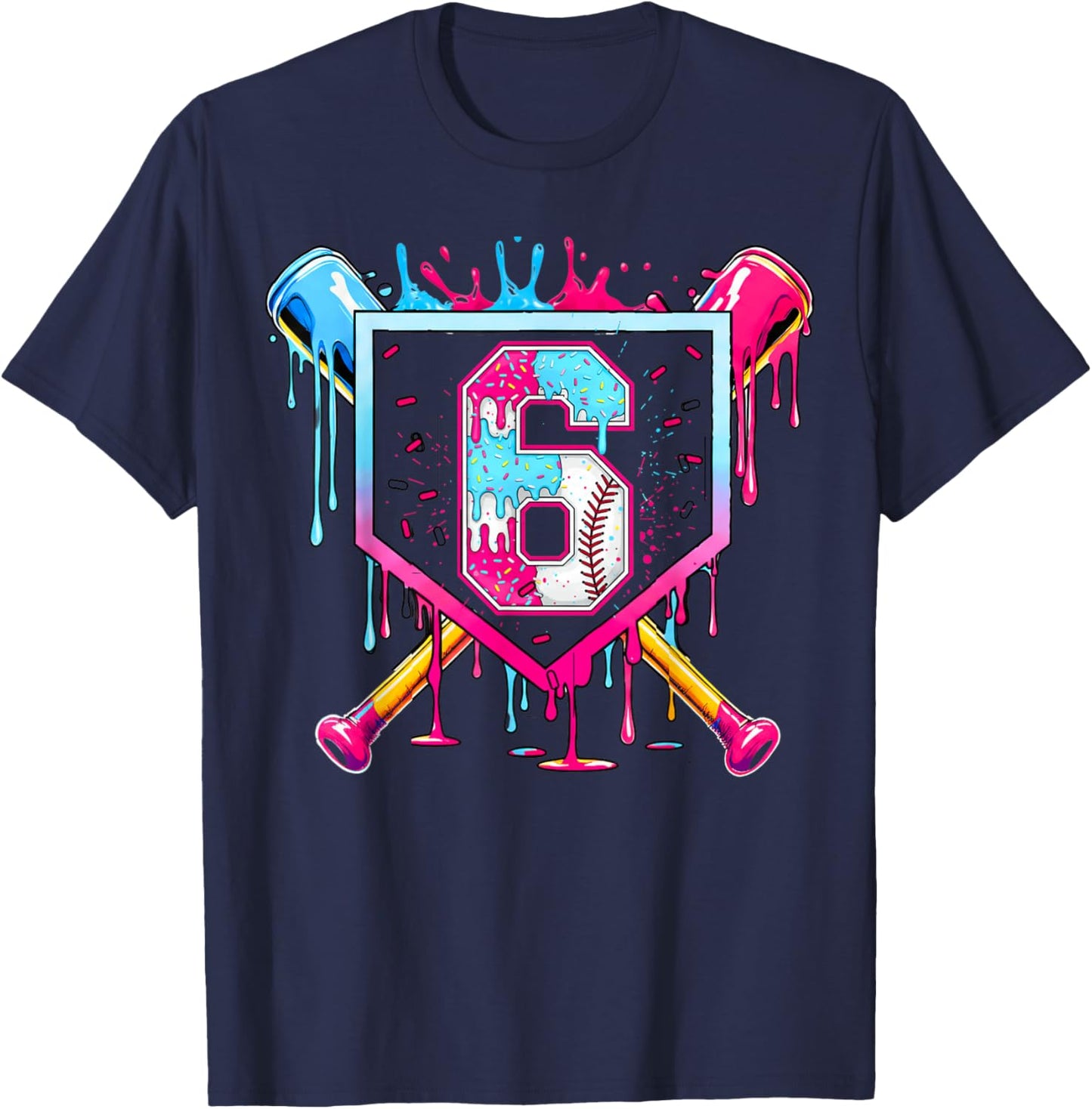 6th Birthday Boys Baseball Ice Cream Drip Bday Boys Baseball T-Shirt - T-Shirt | Navy