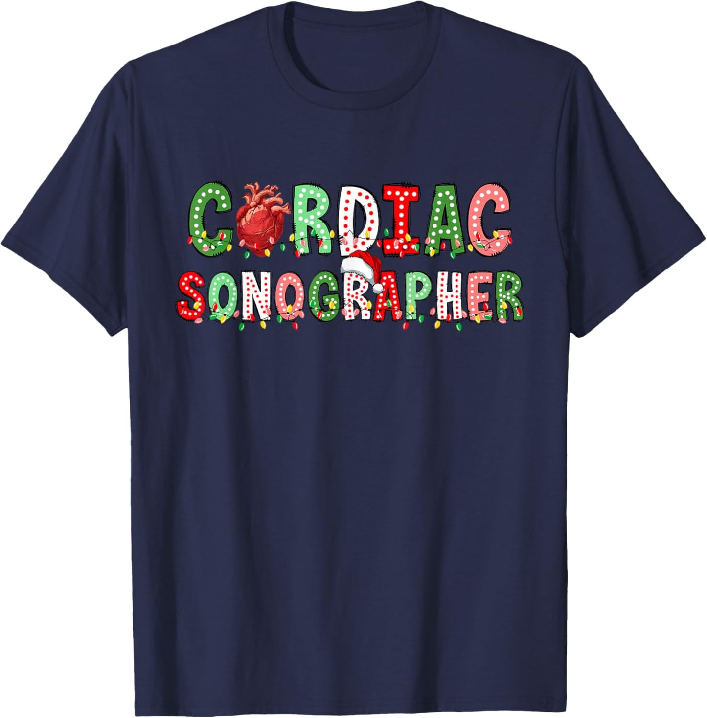 Cardiac Sonographer Christmas Lights Echocardiogram CVICU T-Shirt - T-Shirt | Navy