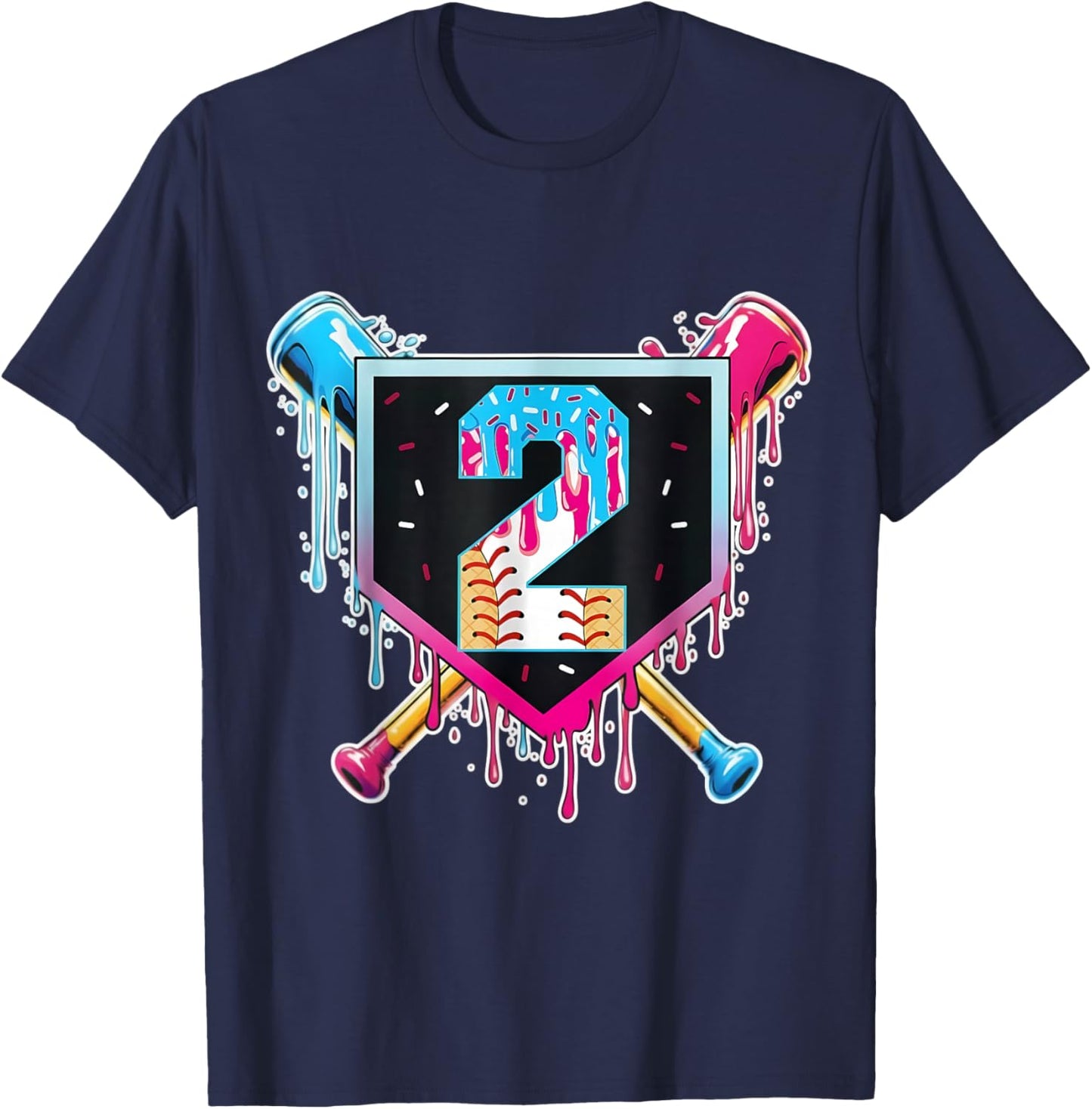 Baseball 2 Year Old Boy Ice Cream Drip 2nd Birthday Player T-Shirt - T-Shirt | Navy