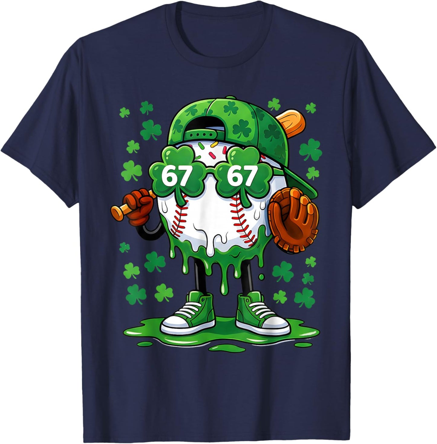 Funny 67 Baseball Drip St Patricks Day Shamrock Green T-Shirt - T-Shirt | Navy
