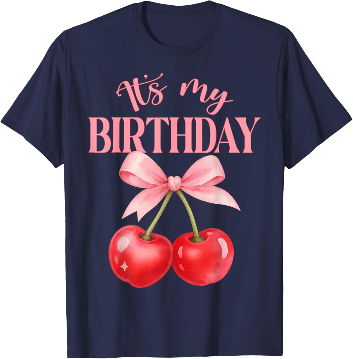 It's My Birthday Cute Coquette Bow Cherry Birthday Girl Kids T-Shirt - T-Shirt | Navy