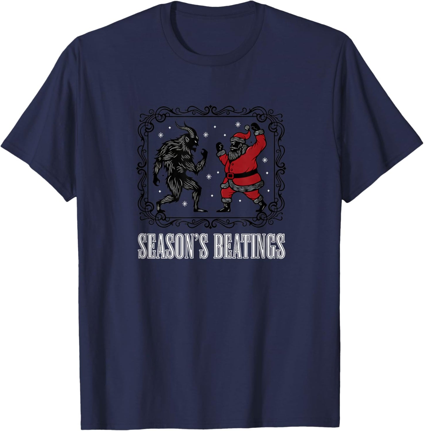 Christmas Season's Beatings Santa Vs Krampus Funny Holiday T-Shirt - T-Shirt | Navy