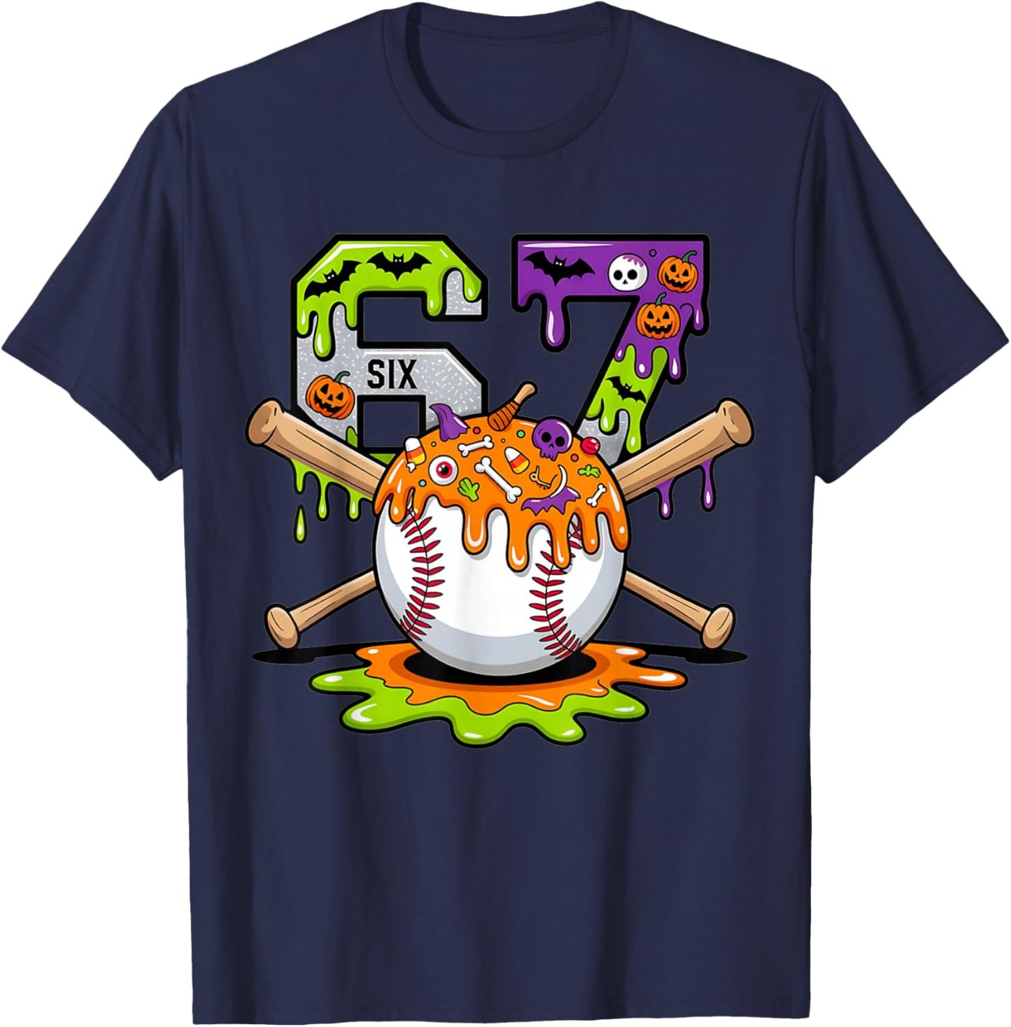 Spooky Halloween Baseball Ice Cream Dripping Six Seven 6 7 T-Shirt - T-Shirt | Navy