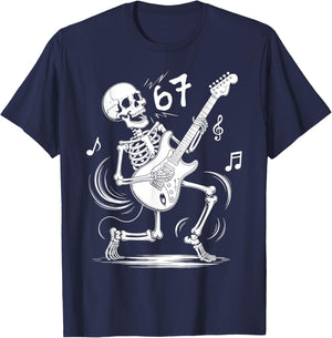 Six Seven Meme 67 Skeleton Playing Guitar Rock and Roll T-Shirt - T-Shirt | Navy