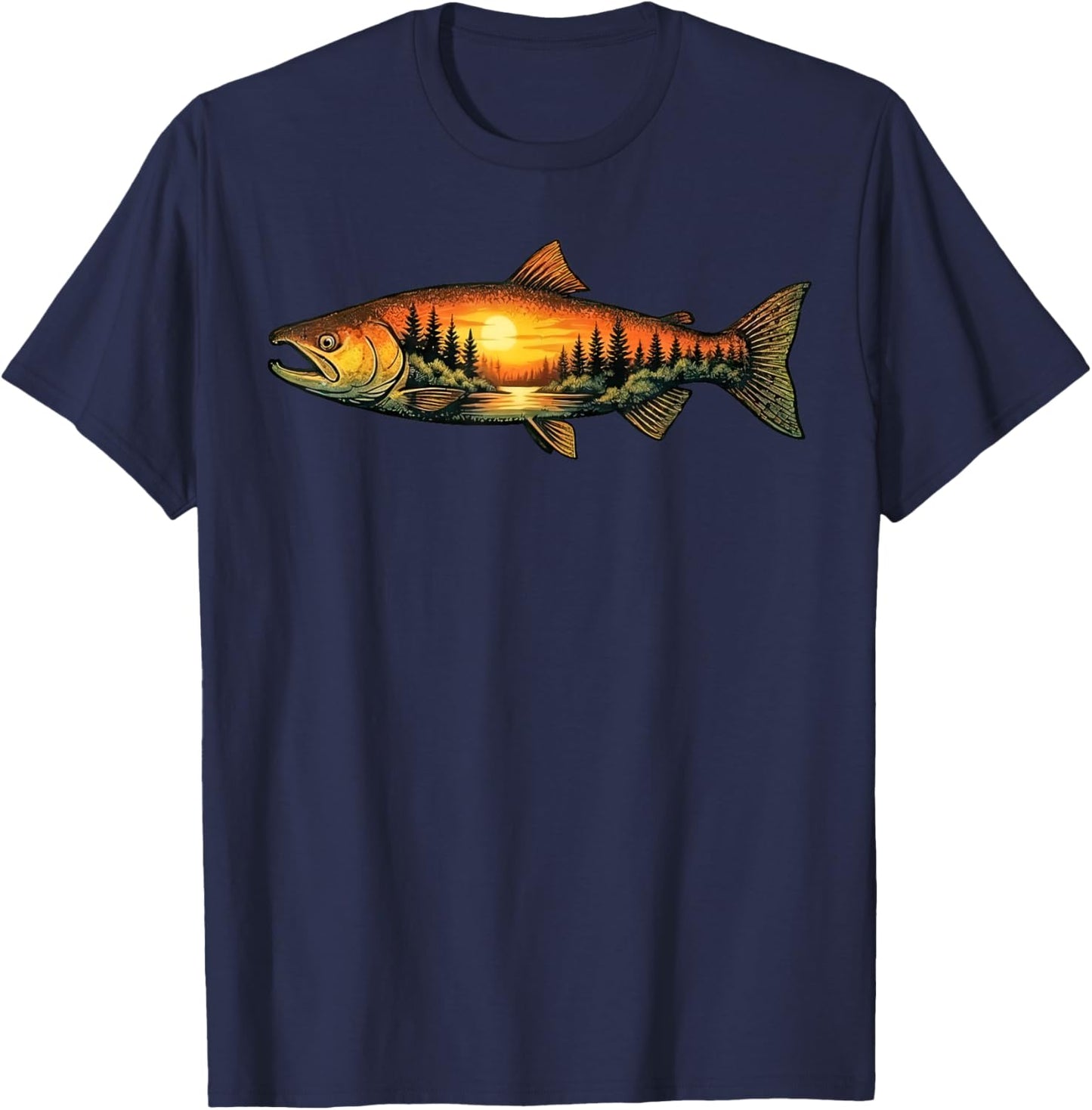 Salmon Fishing Sunset Nature Landscape T-Shirt - T-Shirt | Navy