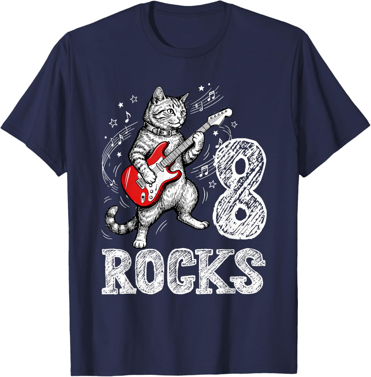 Funny Cat Playing Guitar 8 Rocks 8th Birthday Kids Gift T-Shirt - T-Shirt | Navy