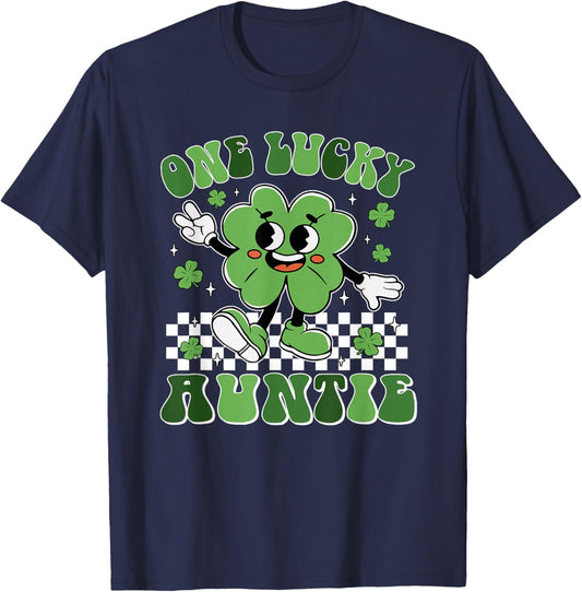 St Patricks Day Family Matching Groovy One Lucky Auntie T-Shirt - T-Shirt | Navy