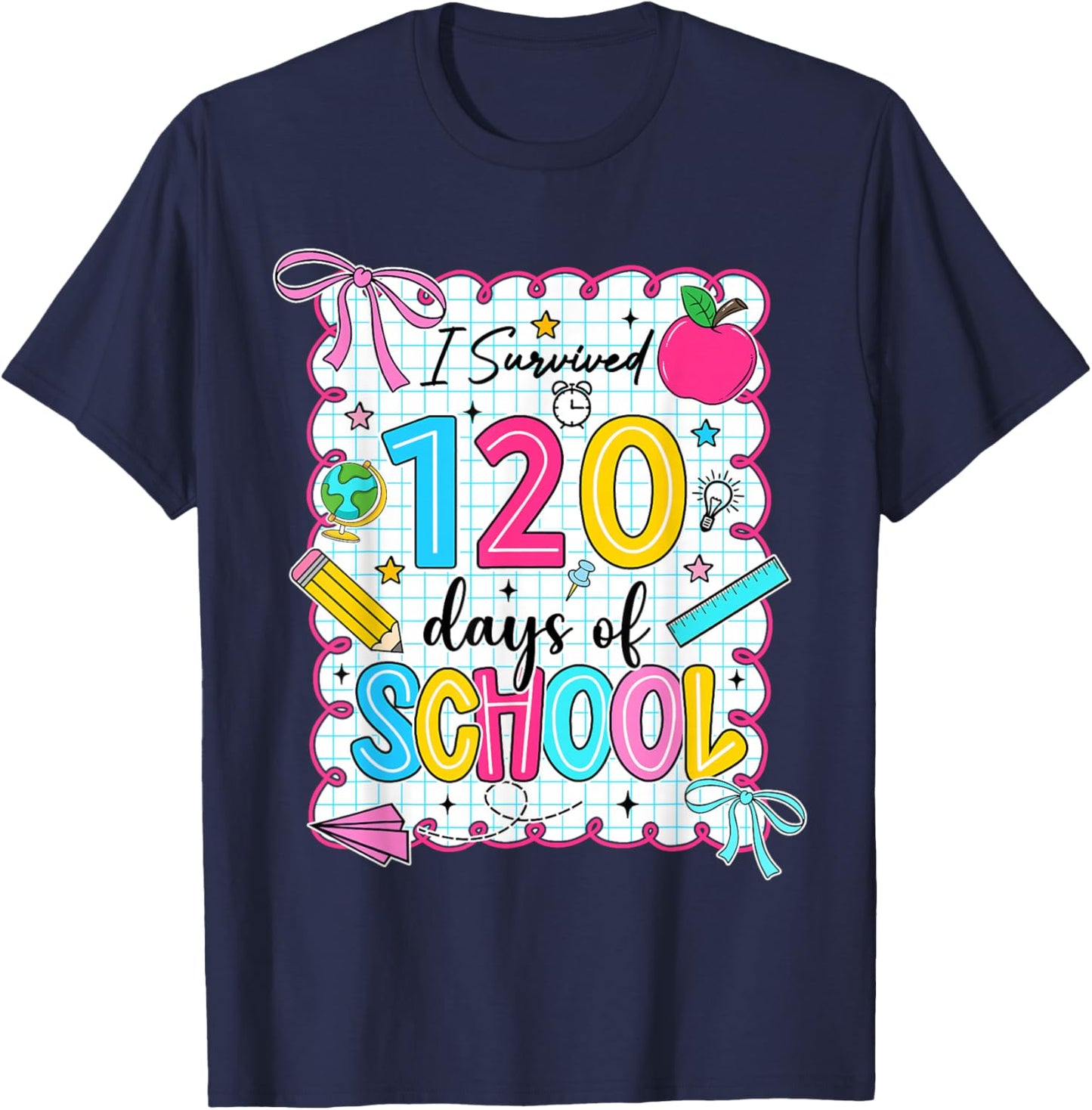 Preppy I Survived 120 Days of School Coquette 120 Days Girls T-Shirt - T-Shirt | Navy