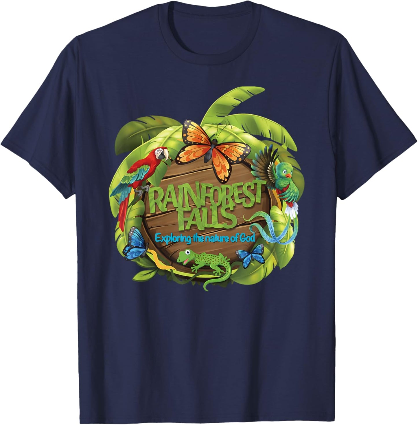 VBS Rainforest Falls Exploring The Nature of God 2 Sided T-Shirt - T-Shirt | Navy