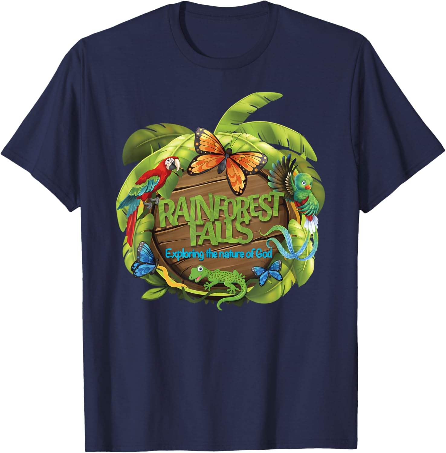 VBS Rainforest Falls Exploring The Nature of God 2 Sided T-Shirt - T-Shirt | Navy